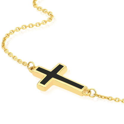 14K Real Gold White Black Turquoise Sideways Cross Pendant Necklace 16-18" Adj