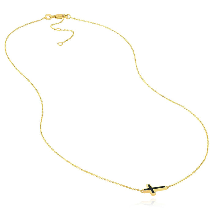 14K Yellow Gold Black White Turquoise Sideways Cross Necklace (Solid Links) 16" - 18" Adjustable - WJD Exclusives