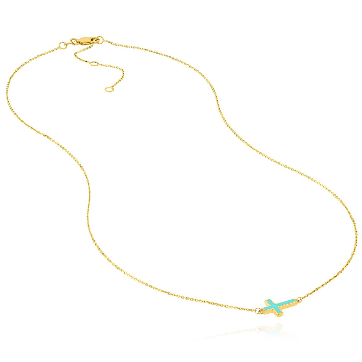 14K Real Gold White Black Turquoise Sideways Cross Pendant Necklace 16-18" Adj