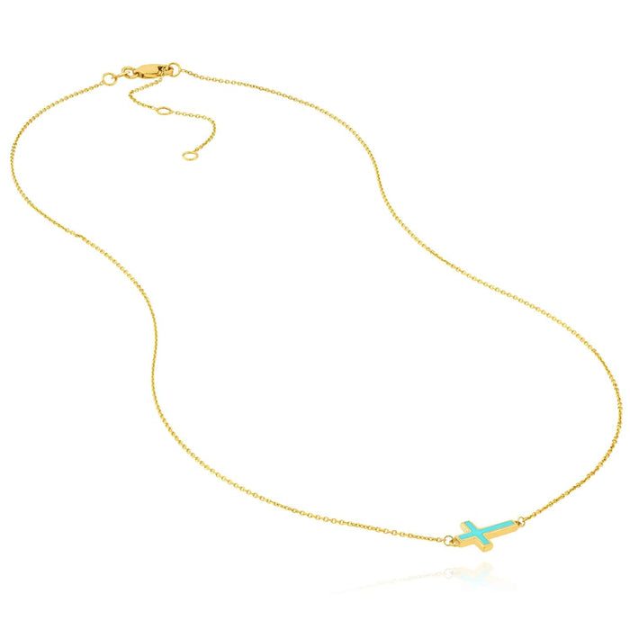 14K Yellow Gold Black White Turquoise Sideways Cross Necklace (Solid Links) 16" - 18" Adjustable - WJD Exclusives