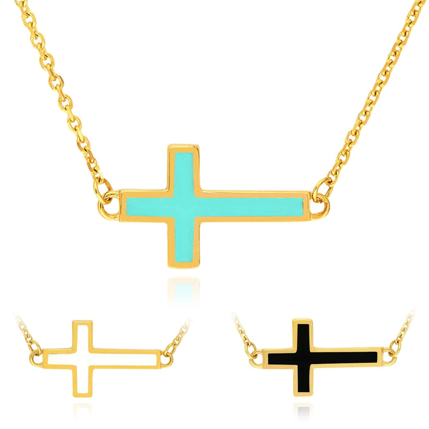14K Real Gold White Black Turquoise Sideways Cross Pendant Necklace 16-18" Adj