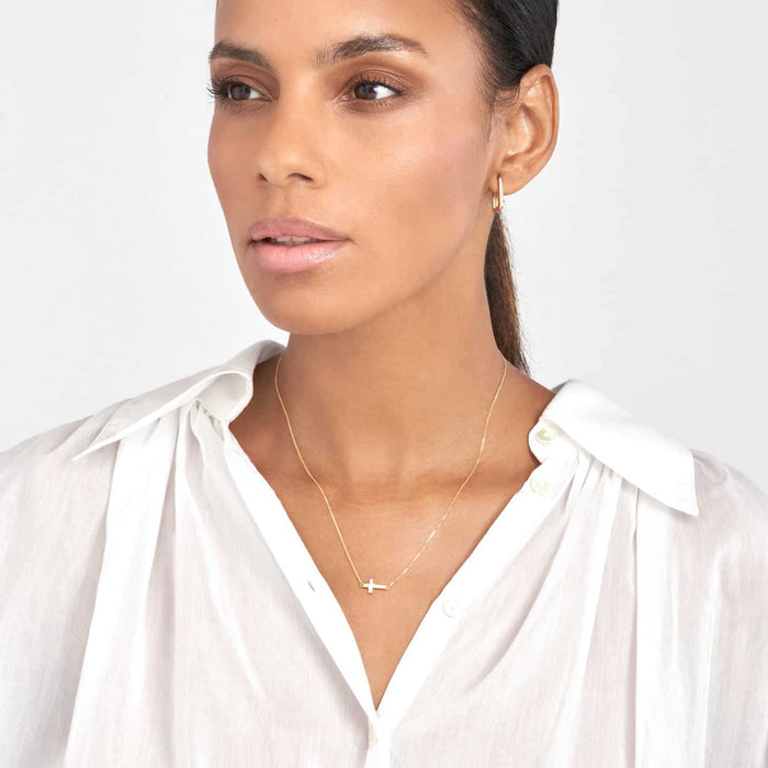 14K Yellow Gold Black White Turquoise Sideways Cross Necklace (Solid Links) 16" - 18" Adjustable - WJD Exclusives