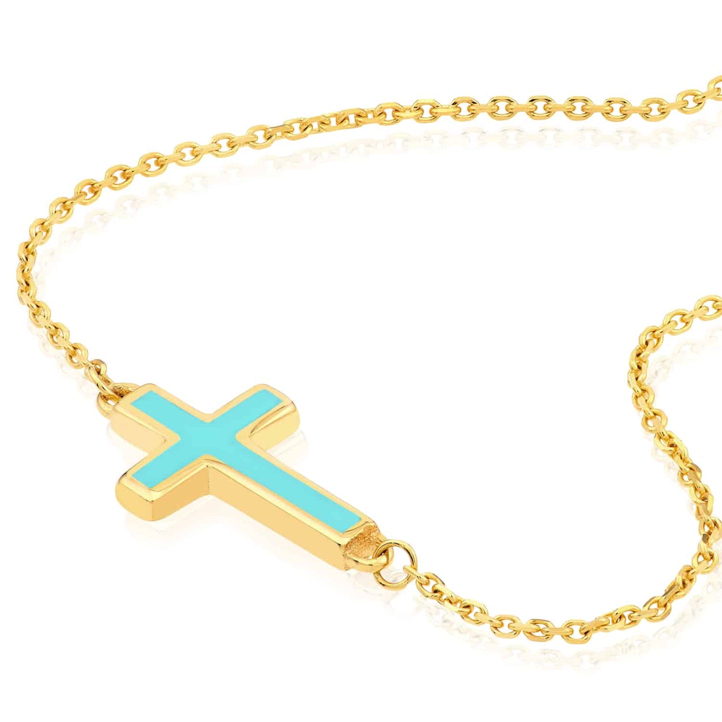14K Real Gold White Black Turquoise Sideways Cross Pendant Necklace 16-18" Adj