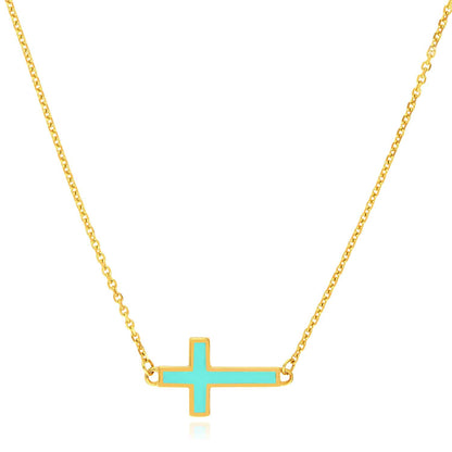 14K Real Gold White Black Turquoise Sideways Cross Pendant Necklace 16-18" Adj