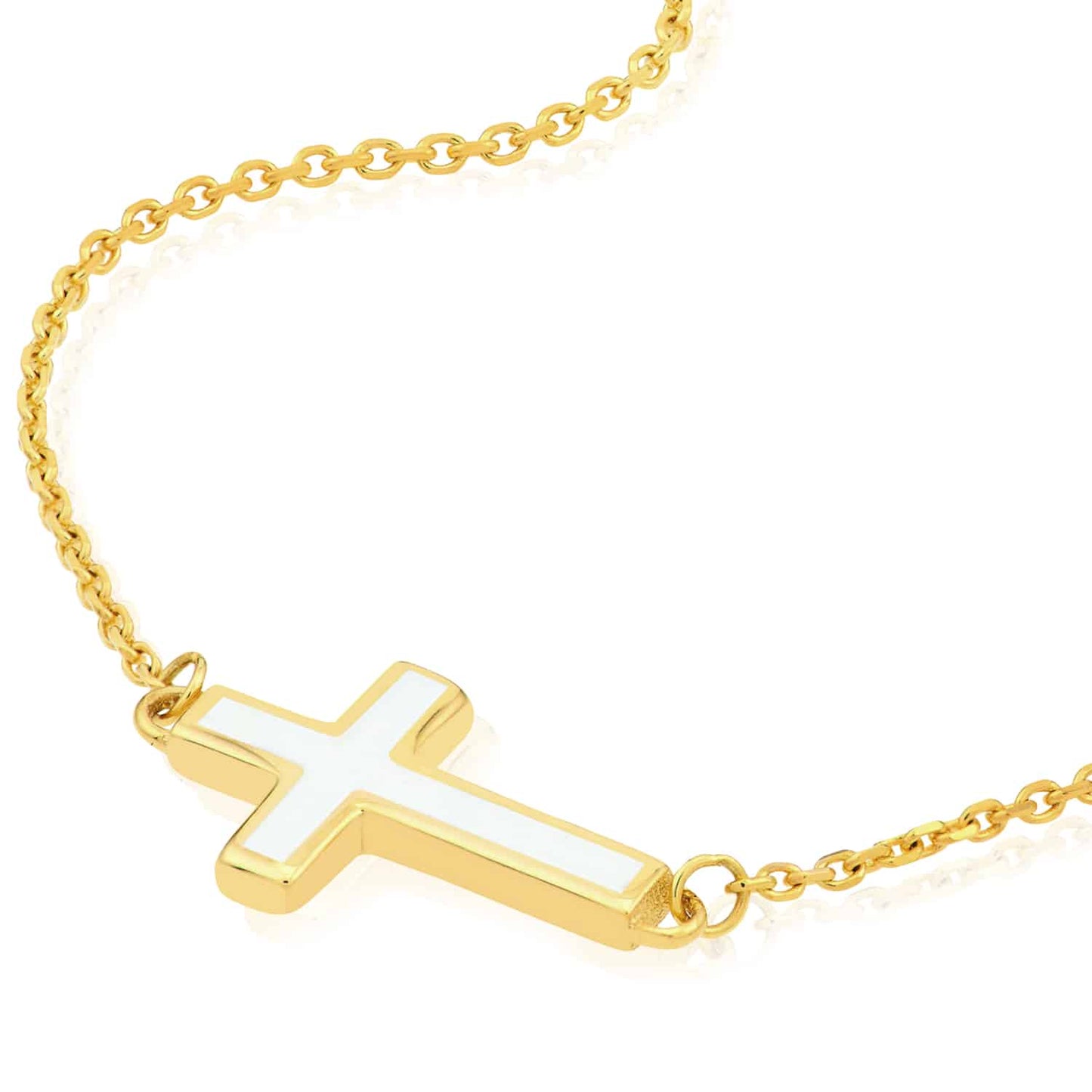 14K Real Gold White Black Turquoise Sideways Cross Pendant Necklace 16-18" Adj