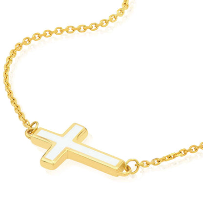 14K Real Gold White Black Turquoise Sideways Cross Pendant Necklace 16-18" Adj