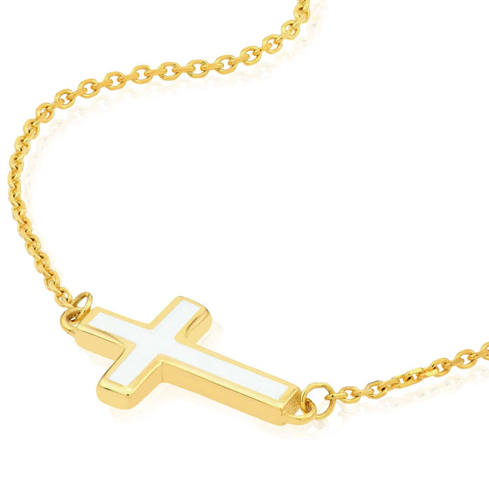 14K Yellow Gold Black White Turquoise Sideways Cross Necklace (Solid Links) 16" - 18" Adjustable - WJD Exclusives