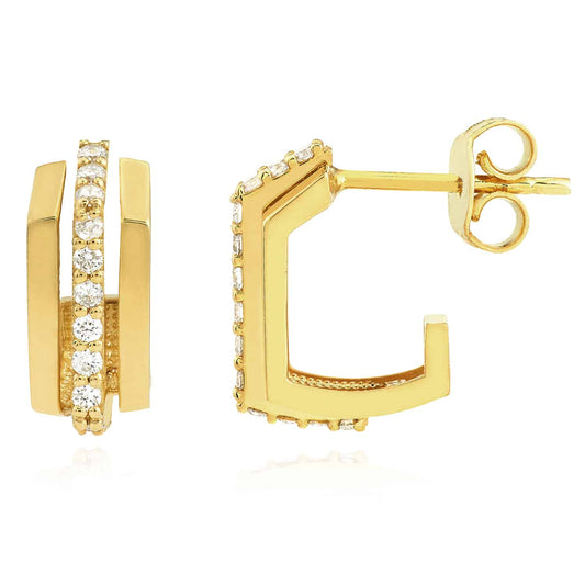 0.25CTW Real Diamond 14K Real Gold J-Hoop Earrings 15mm