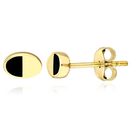 14K Real Gold Oval Black Onyx Split Design Stud Earrings 6mm