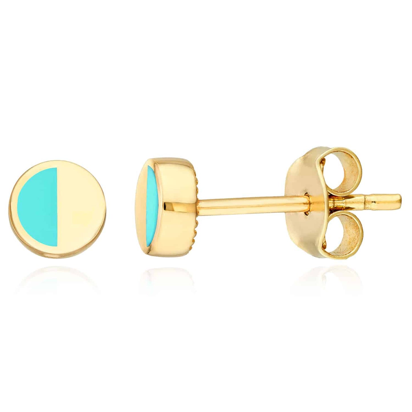 14K Real Gold Split Design Turquoise Round Stud Earrings 5mm