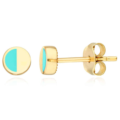 14K Real Gold Split Design Turquoise Round Stud Earrings 5mm