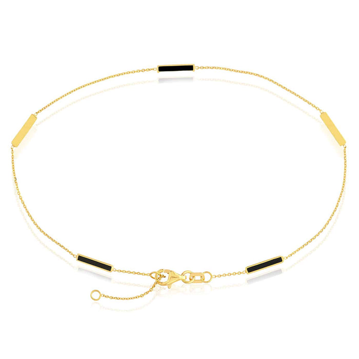 14K Yellow Gold Alternating Black Pink Turquoise Bar Cable Anklet (Solid Links) 9" - 10" Adjustable - WJD Exclusives