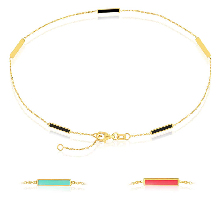 14K Yellow Gold Alternating Black Pink Turquoise Bar Cable Anklet (Solid Links) 9" - 10" Adjustable - WJD Exclusives
