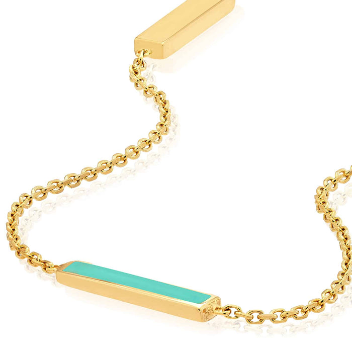 14K Yellow Gold Alternating Black Pink Turquoise Bar Cable Anklet (Solid Links) 9" - 10" Adjustable - WJD Exclusives