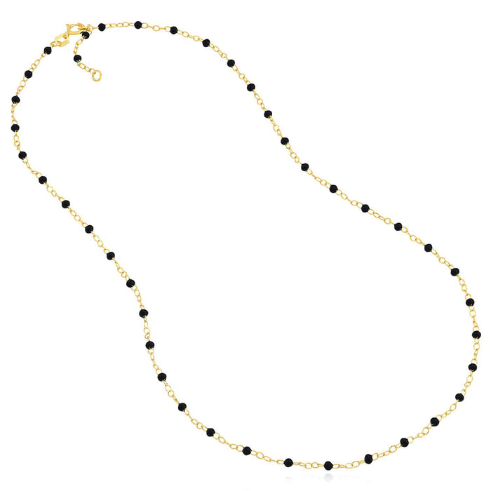 14K Yellow Gold Black Beaded Station Cable Necklace (Solid Links) 16" - 18" Adjustable - WJD Exclusives