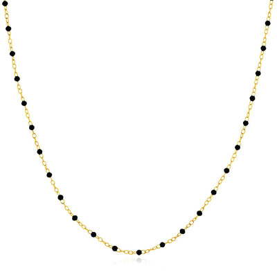 14K Yellow Gold Black Beaded Station Cable Necklace (Solid Links) 16" - 18" Adjustable - WJD Exclusives