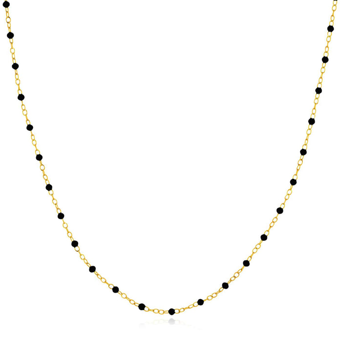 14K Yellow Gold Black Beaded Station Cable Necklace (Solid Links) 16" - 18" Adjustable - WJD Exclusives