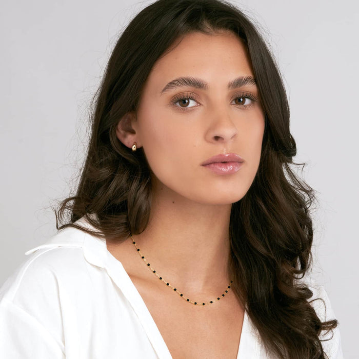 14K Yellow Gold Black Beaded Station Cable Necklace (Solid Links) 16" - 18" Adjustable - WJD Exclusives