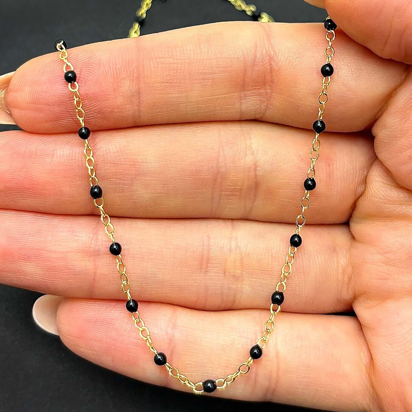 14K Real Gold Black Beaded Station Cable Necklace 16"- 18" Adjustable
