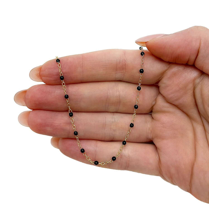 14K Yellow Gold Black Beaded Station Cable Necklace (Solid Links) 16" - 18" Adjustable - WJD Exclusives