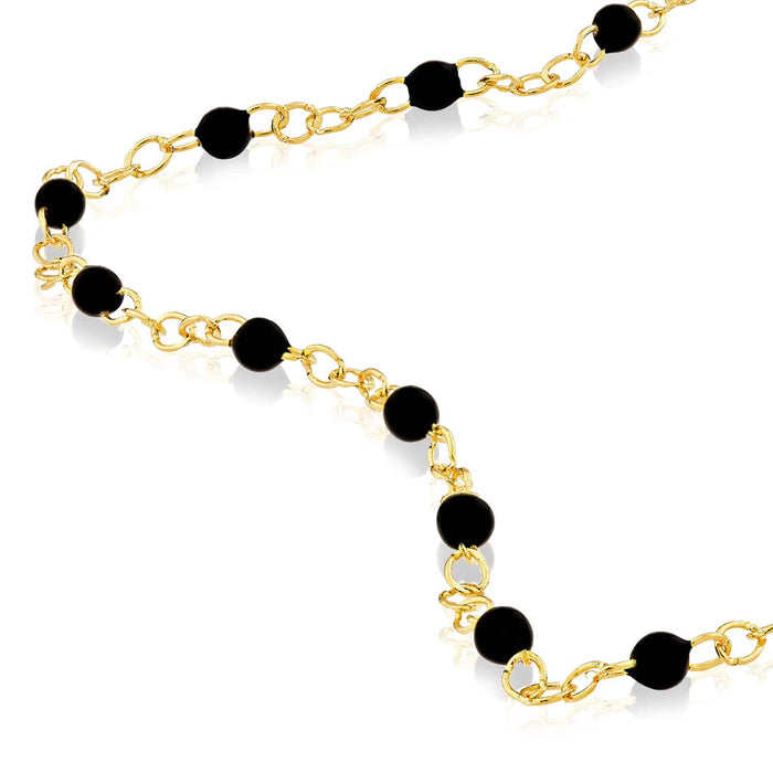 14K Yellow Gold Black Bead Station Bracelet (Solid Links) 6.5" - 7.5" Adjustable - WJD Exclusives