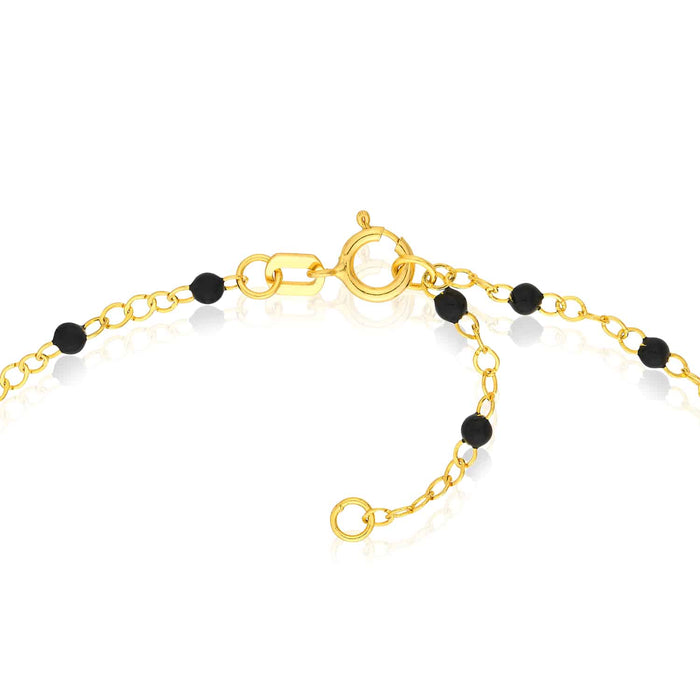 14K Yellow Gold Black Bead Station Bracelet (Solid Links) 6.5" - 7.5" Adjustable - WJD Exclusives