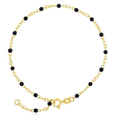 14K Yellow Gold Black Bead Station Bracelet (Solid Links) 6.5" - 7.5" Adjustable - WJD Exclusives