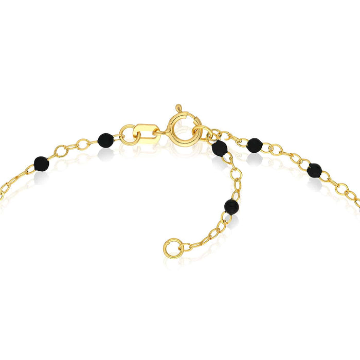 14K Yellow Gold Black Beaded Anklet (Solid Links) 9" - 10" Adjustable - WJD Exclusives