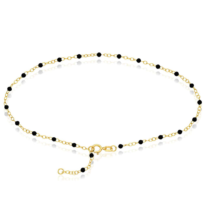 14K Yellow Gold Black Beaded Anklet (Solid Links) 9" - 10" Adjustable - WJD Exclusives