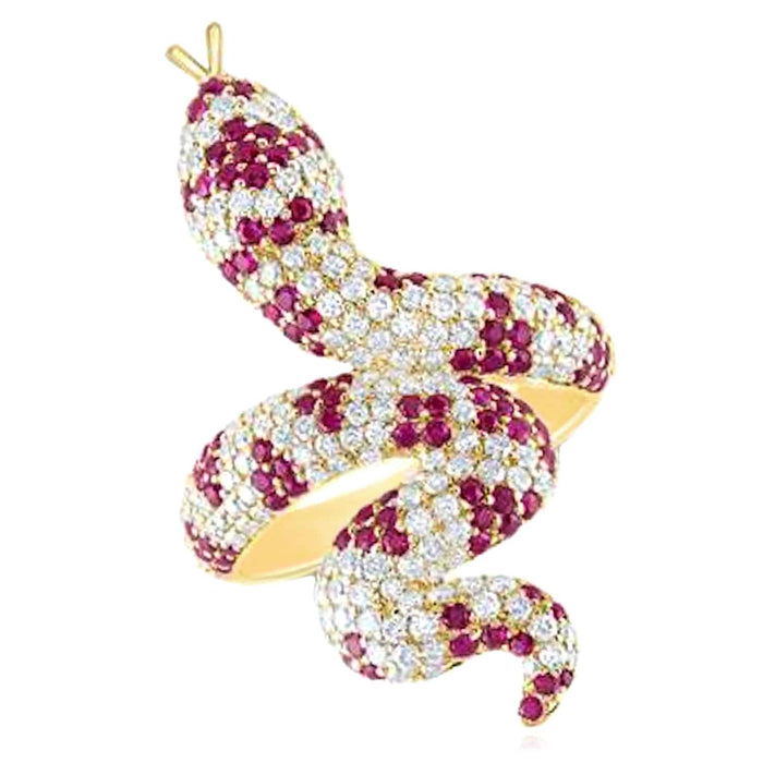 1.30CTW Natural Diamond 10K Yellow Gold Ruby Serpent Snake Cocktail Ring - WJD Exclusives