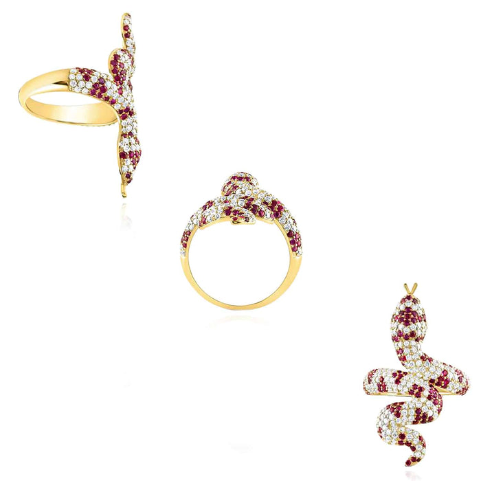 1.30CTW Natural Diamond 10K Yellow Gold Ruby Serpent Snake Cocktail Ring - WJD Exclusives