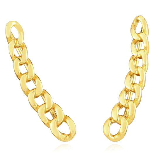 14K Real Gold Chunky Miami Ear Climber Earrings