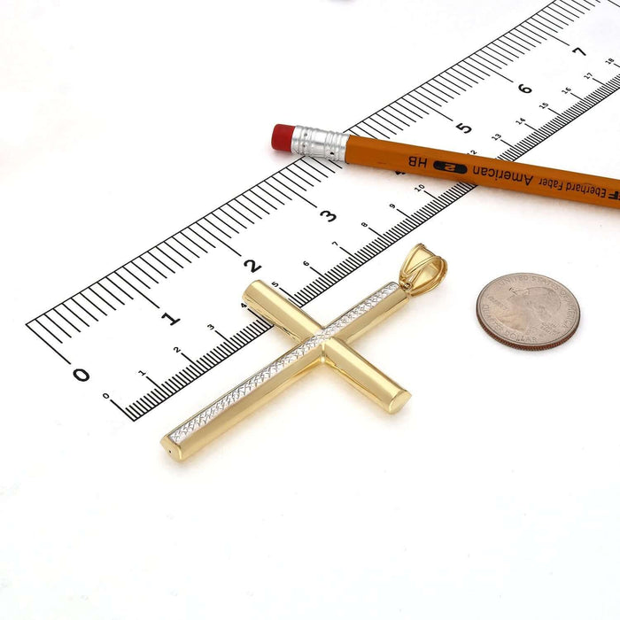 14K Gold Yellow White Diamond - Cut Stripe Cross Pendant 3.2" - WJD Exclusives