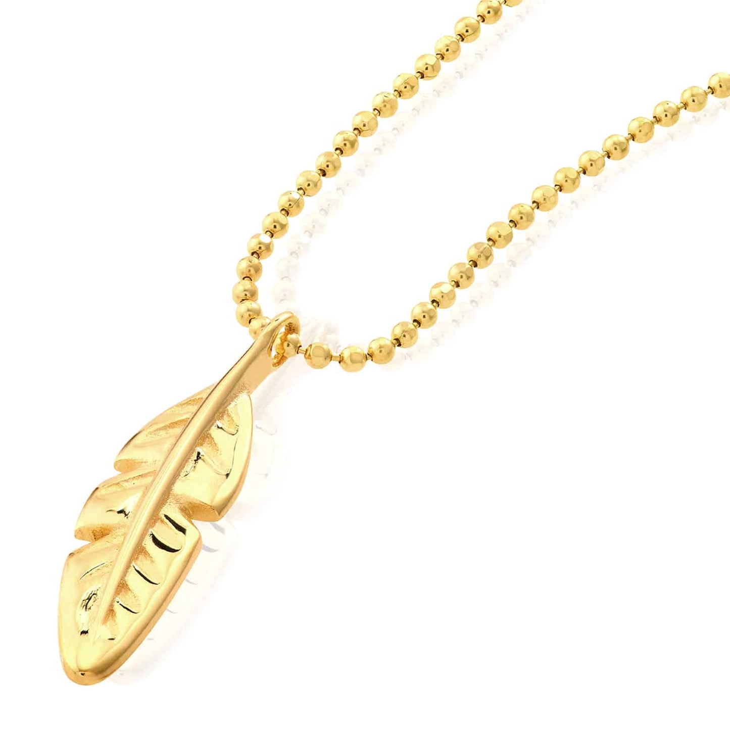 14K Real Gold Feather Pendant Bead Chain Necklace 16"-18" Adjustable