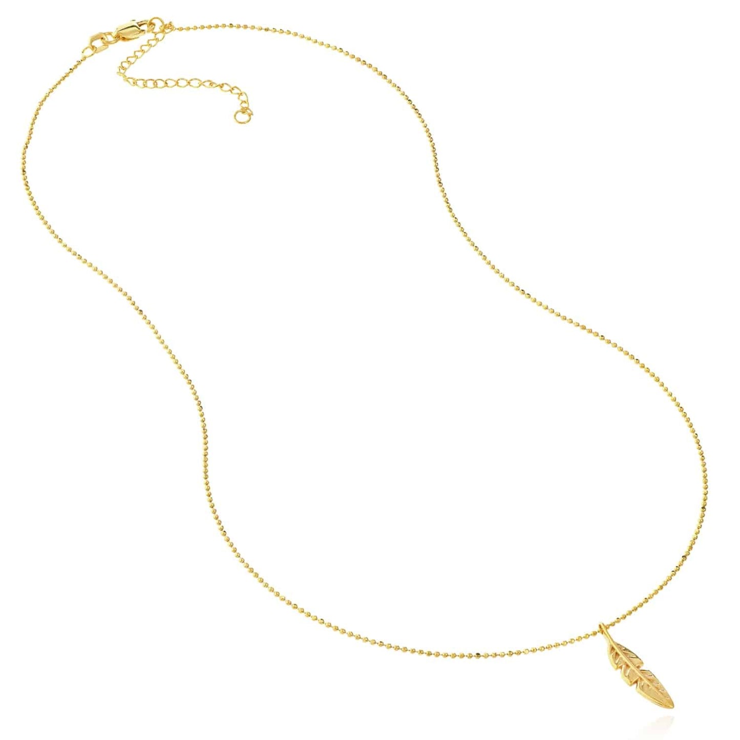 14K Real Gold Feather Pendant Bead Chain Necklace 16"-18" Adjustable