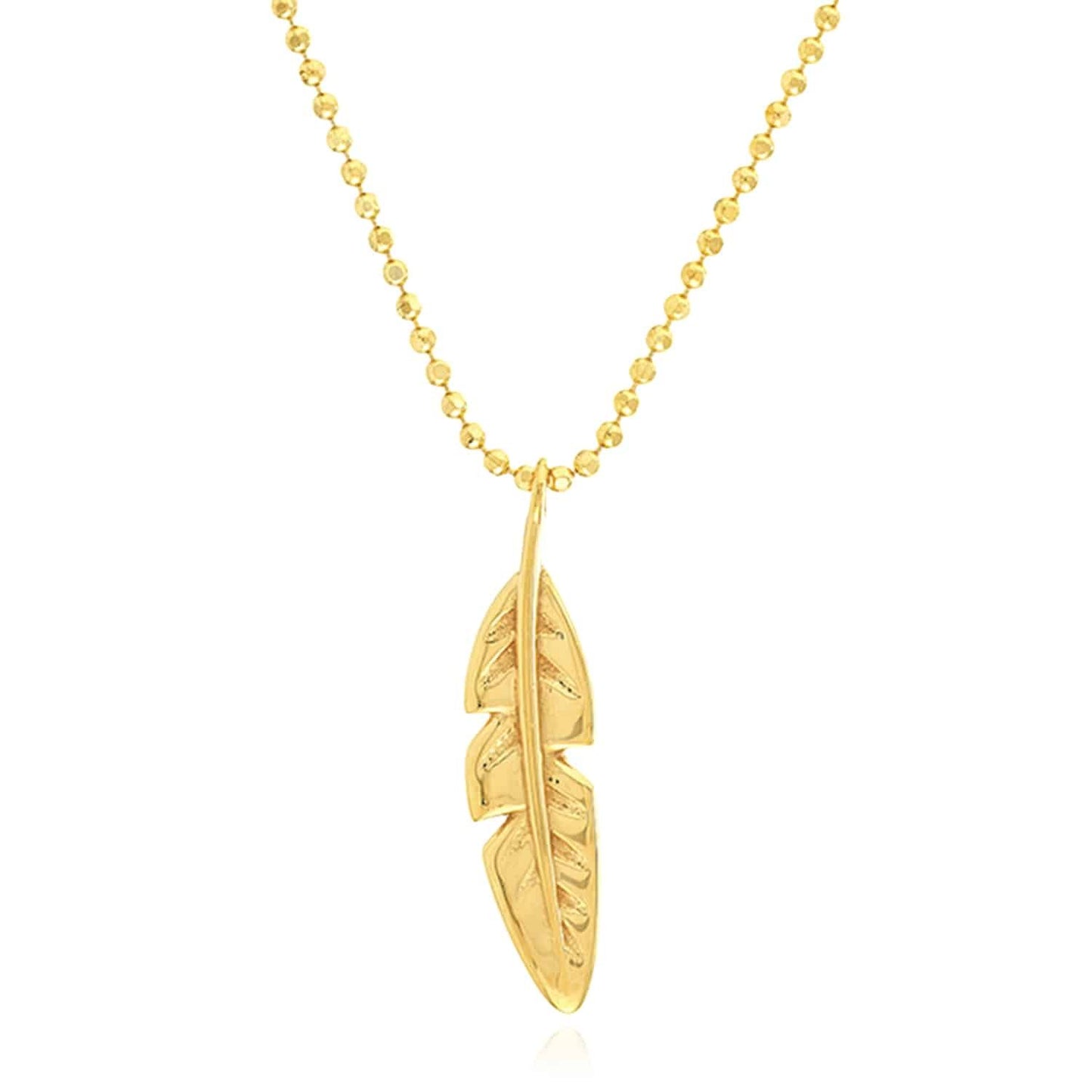 14K Real Gold Feather Pendant Bead Chain Necklace 16"-18" Adjustable