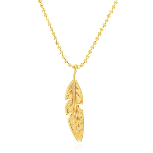 14K Real Gold Feather Pendant Bead Chain Necklace 16"-18" Adjustable