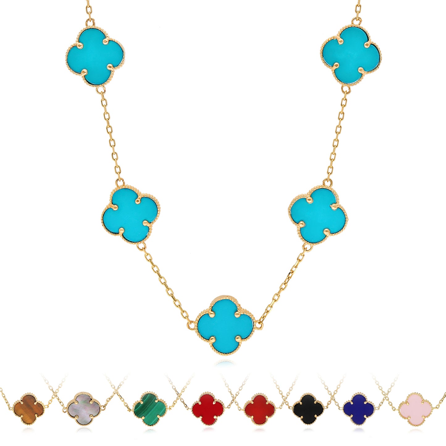 14K Yellow Gold Clover Gemstone Necklace 18" Bezel-Set Pendant