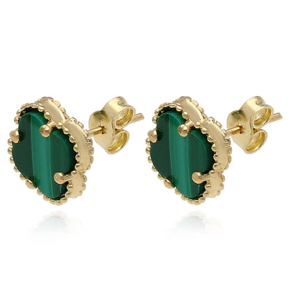 14K Yellow Gold Clover Gemstone Stud Earrings Bezel Set