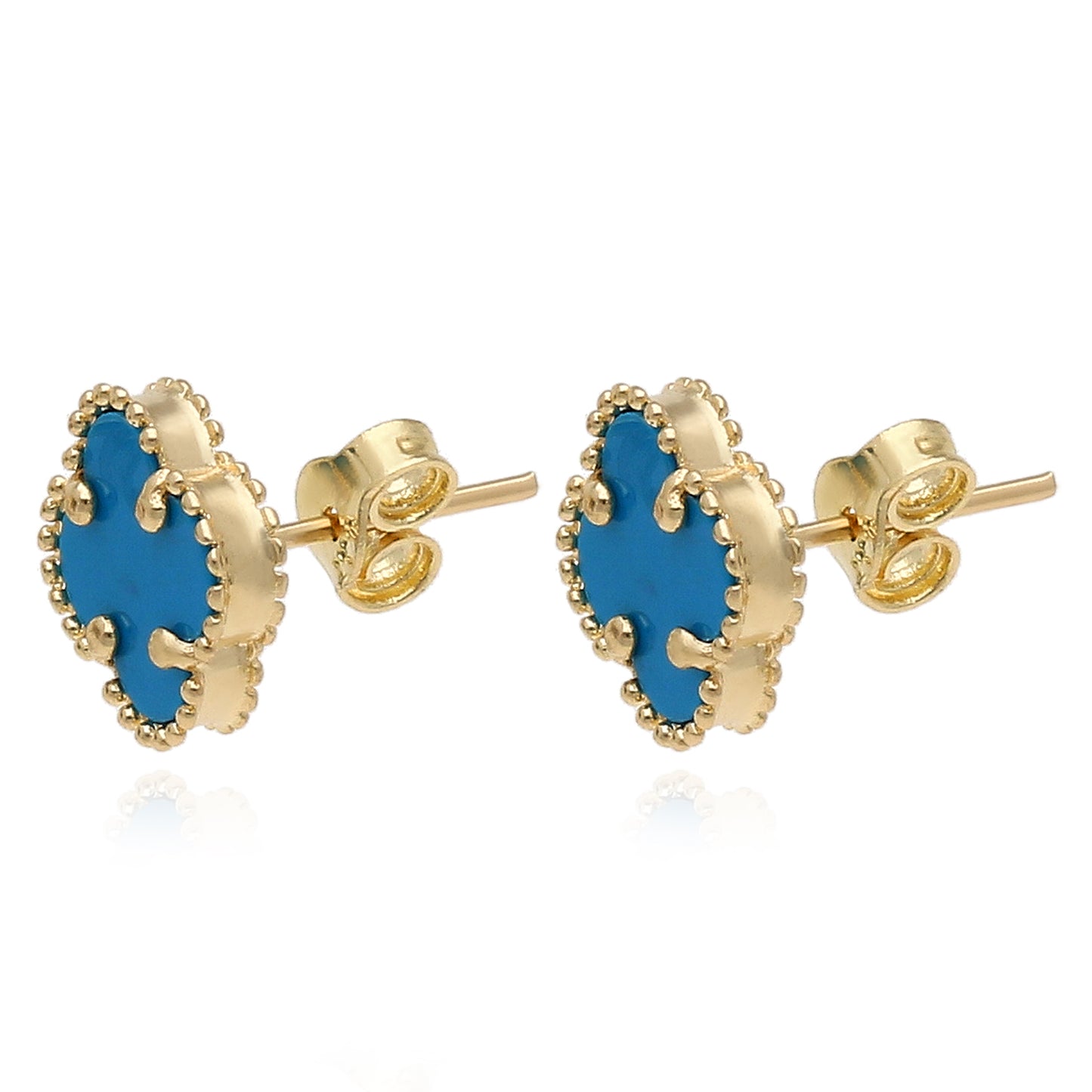 14K Yellow Gold Clover Gemstone Stud Earrings Bezel Set