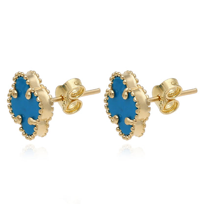 14K Yellow Gold Clover Gemstone Stud Earrings Bezel Set
