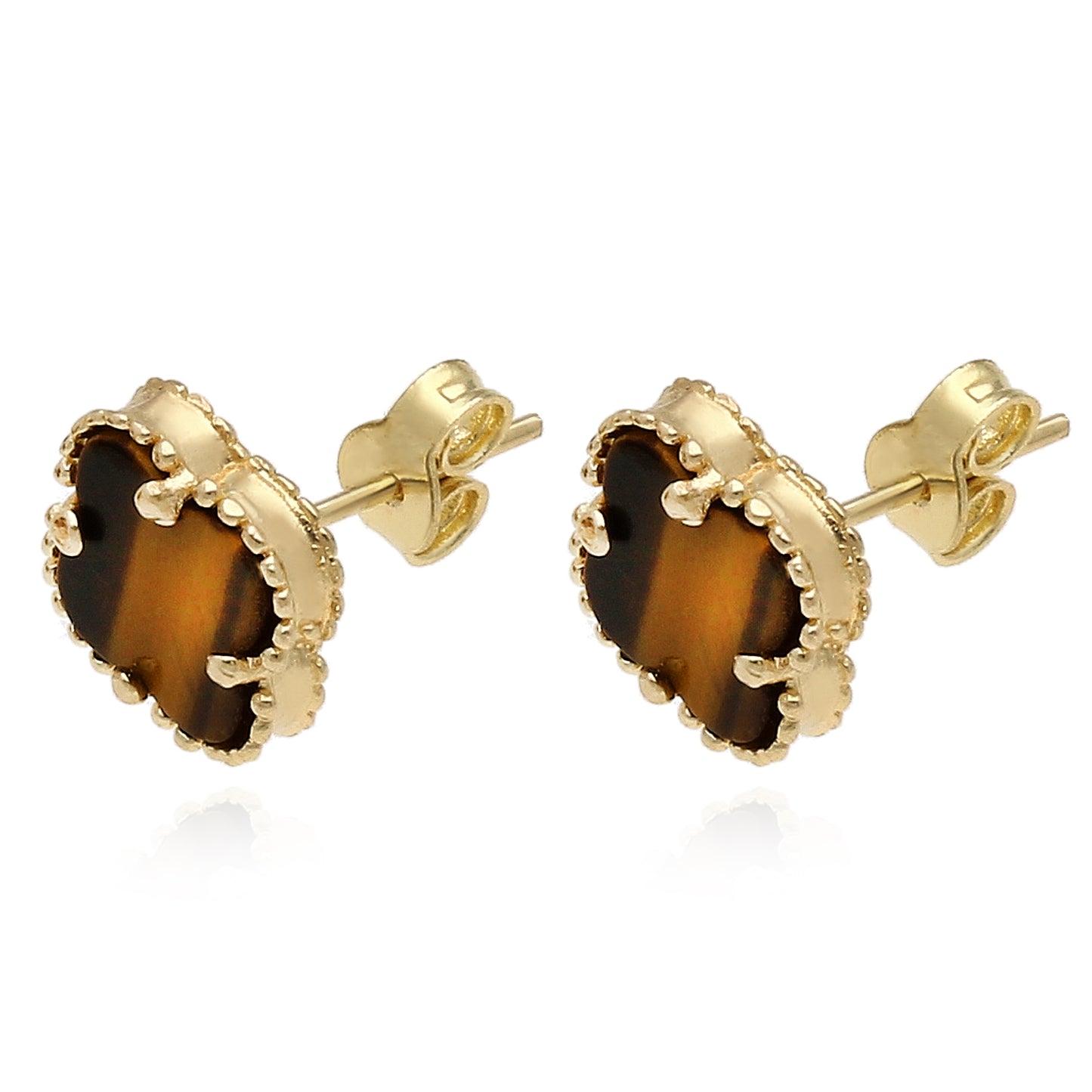 14K Yellow Gold Clover Gemstone Stud Earrings Bezel Set