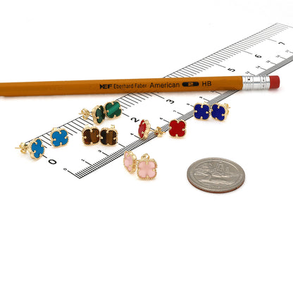 14K Yellow Gold Clover Gemstone Stud Earrings Bezel Set