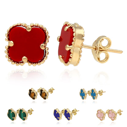 14K Yellow Gold Clover Gemstone Stud Earrings Bezel Set