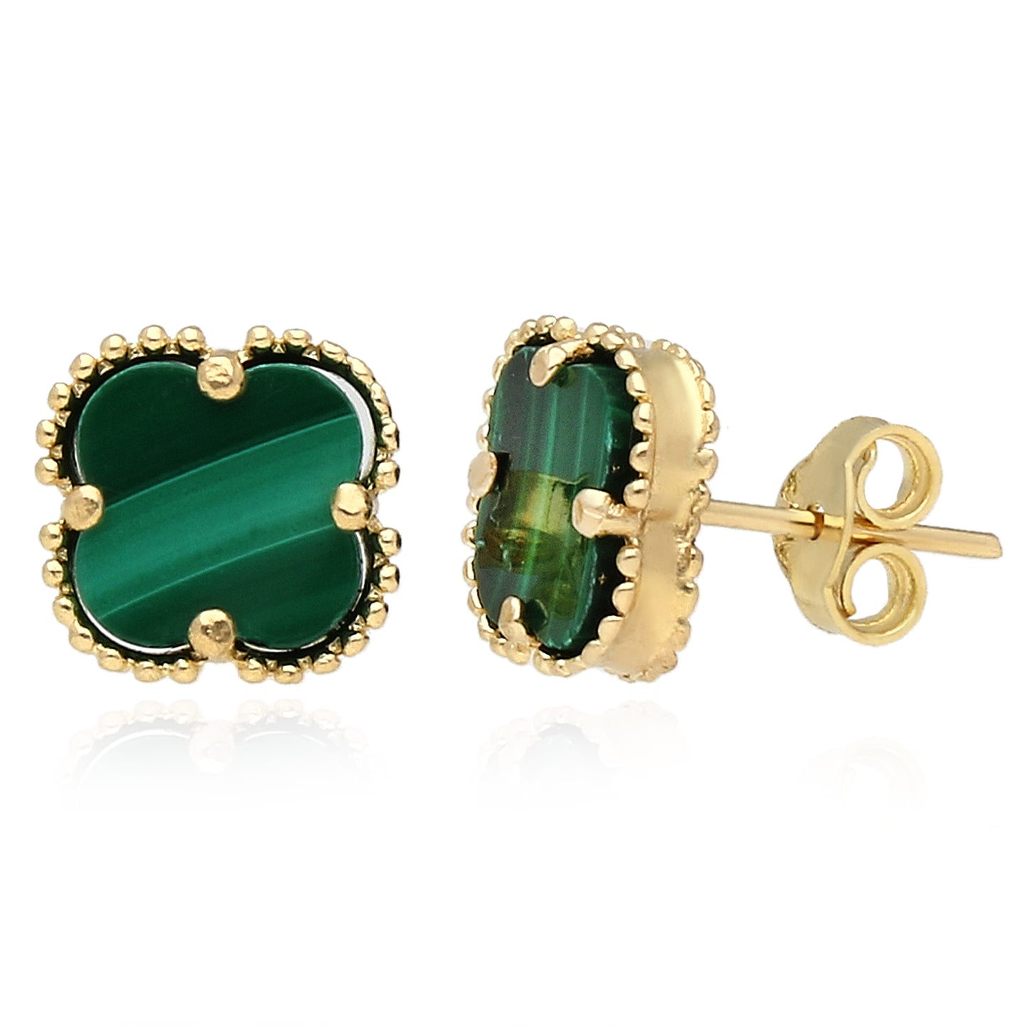 14K Yellow Gold Clover Gemstone Stud Earrings Bezel Set
