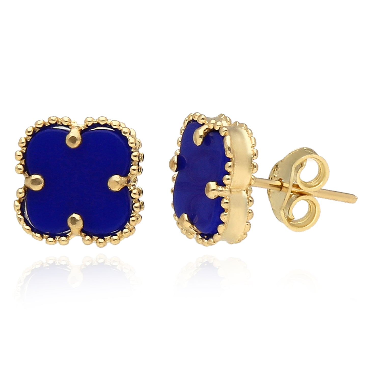 14K Yellow Gold Clover Gemstone Stud Earrings Bezel Set