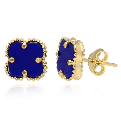 14K Yellow Gold Clover Gemstone Stud Earrings Bezel Set