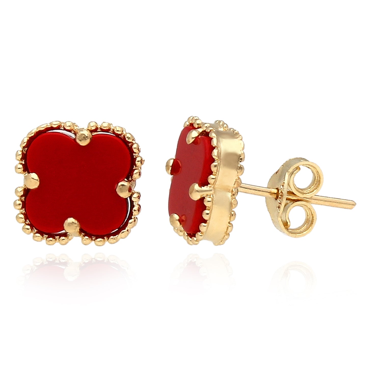 14K Yellow Gold Clover Gemstone Stud Earrings Bezel Set