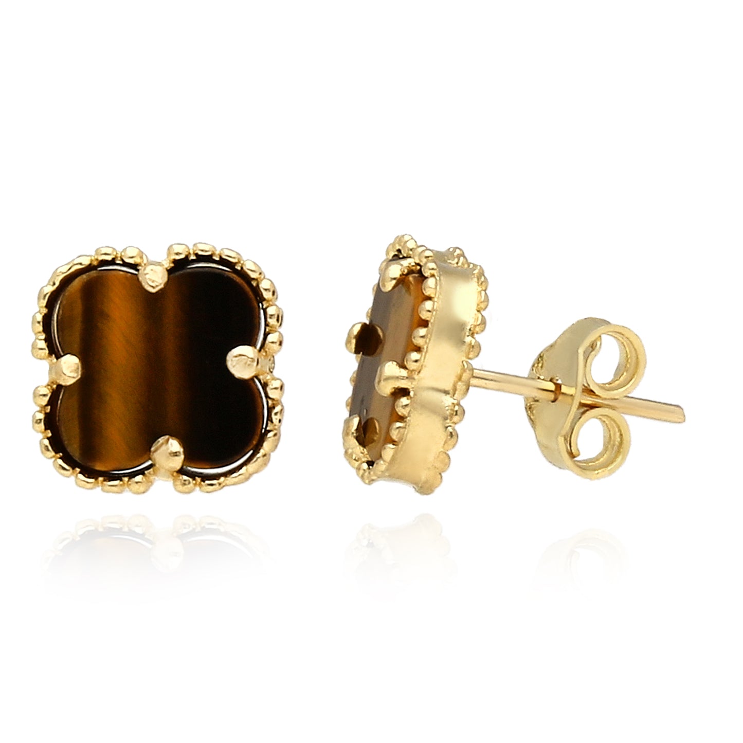 14K Yellow Gold Clover Gemstone Stud Earrings Bezel Set