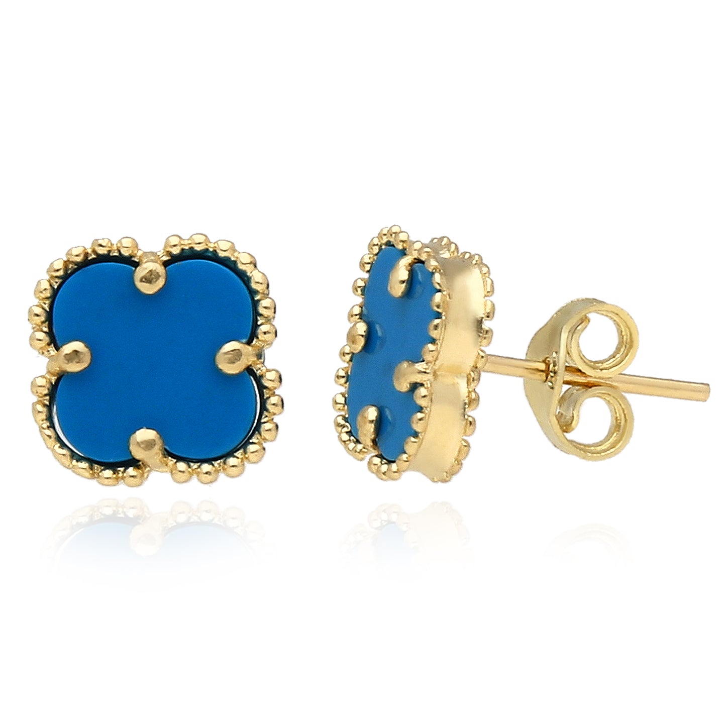 14K Yellow Gold Clover Gemstone Stud Earrings Bezel Set